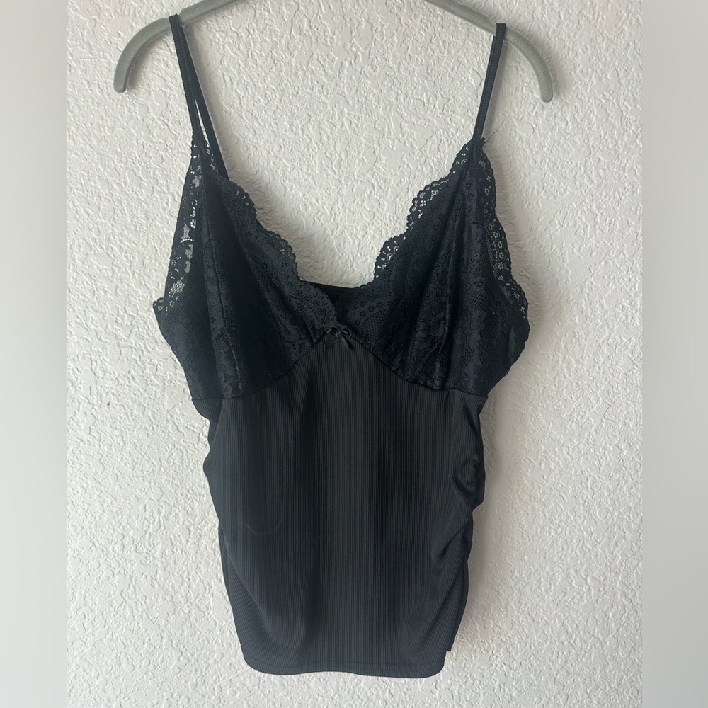 SHEIN Black Lace Trim Cami Top XL Ribbed Stretch
